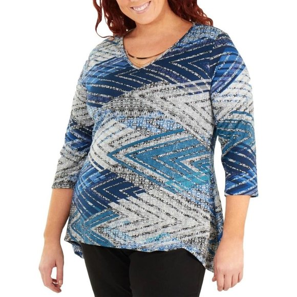NY Collection Tops - NY Collection Womens Plus 1X Bejuh Blue Combo VNeck SharkBite Hem Top NWT BK34